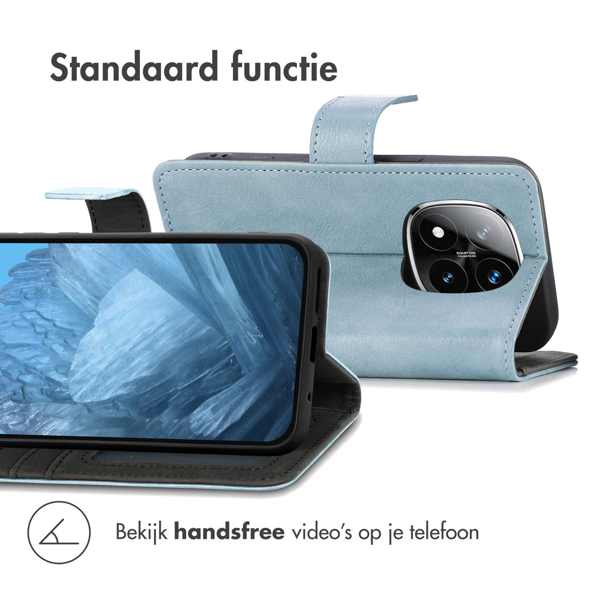 Un étui de téléphone bleu avec un téléphone à l'intérieur. Le texte en haut indique 'Standaard functie'.