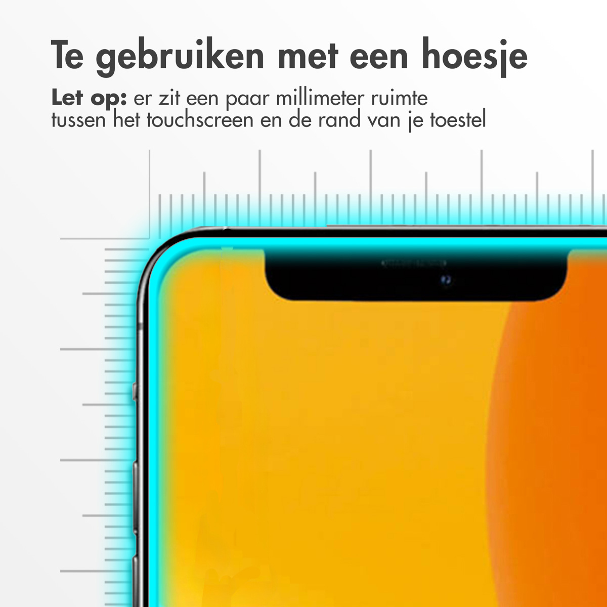 Écran de téléphone avec protecteur. Texte néerlandais, bordure bleue.