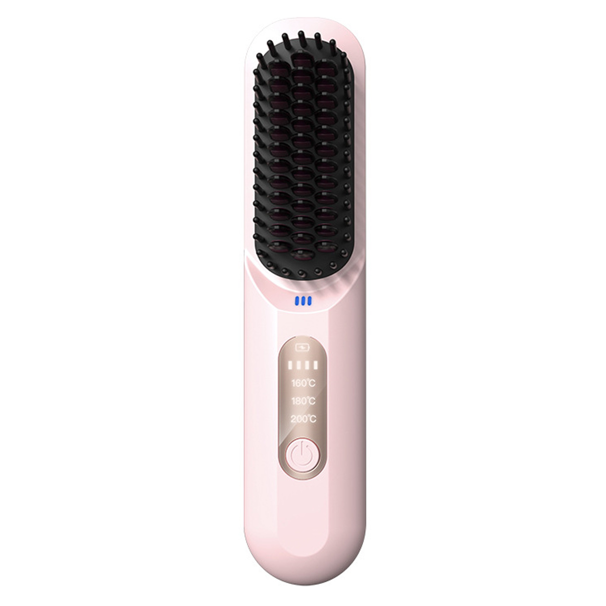 Eine rosa Haarglättungsbürste mit Temperatureinstellungen und einem Ein-Aus-Knopf wird gezeigt.