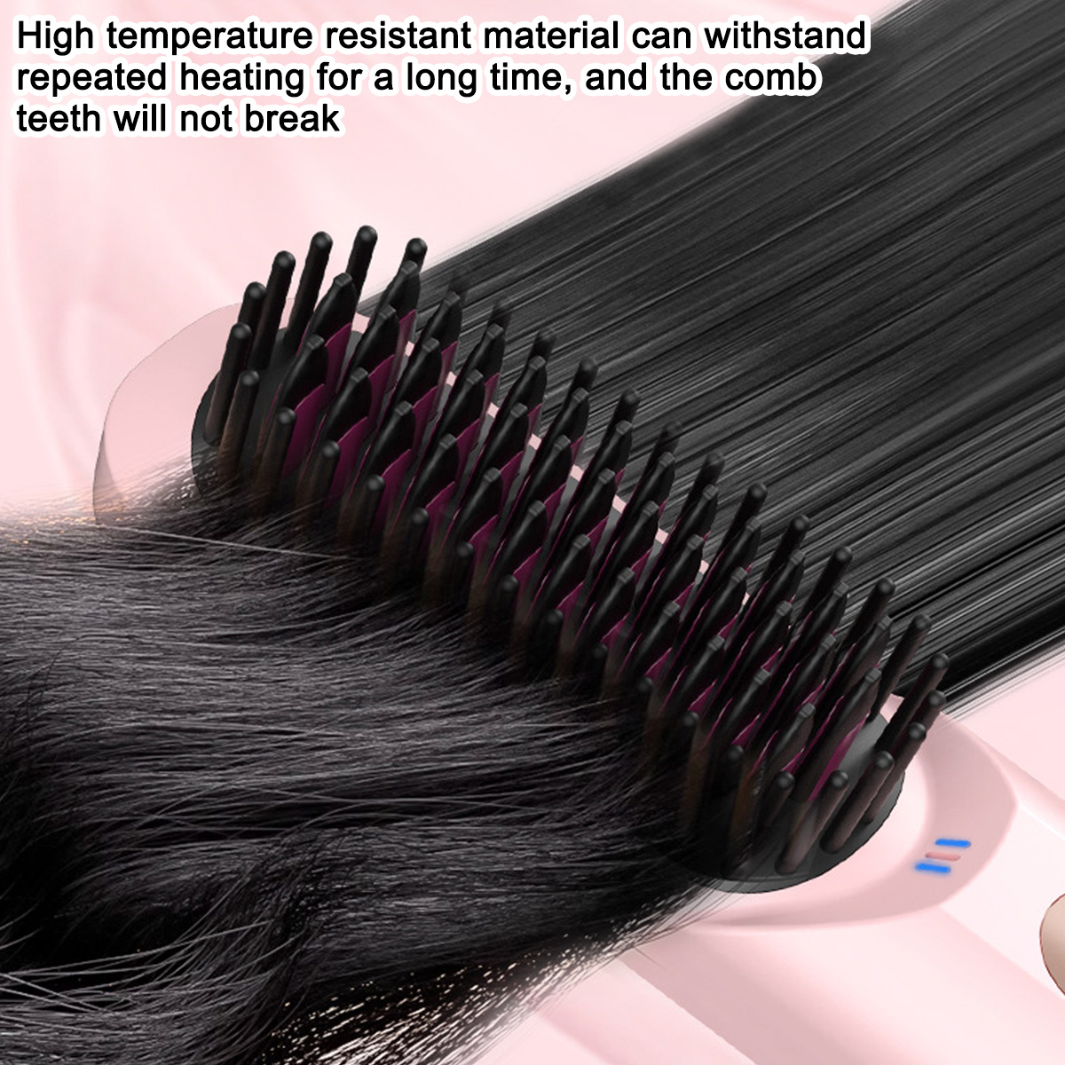 Haarglättungsbürste und Haare. Kammzähne und Haare. Rosa Hintergrund.