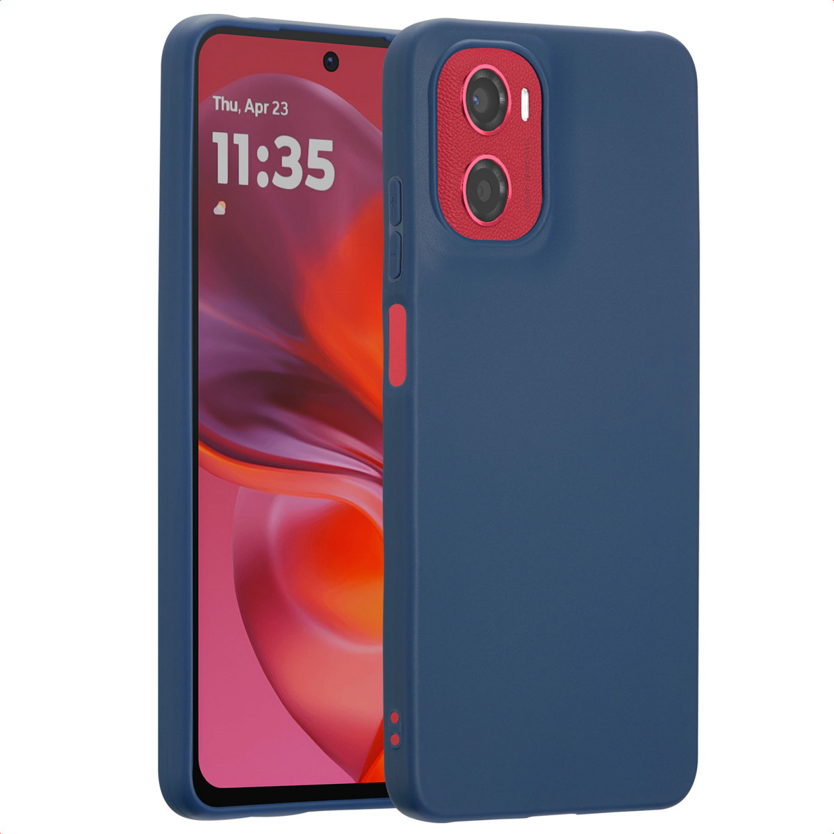 Coque de téléphone bleue avec contour de caméra rouge. Un téléphone avec contour de caméra rouge est affiché.