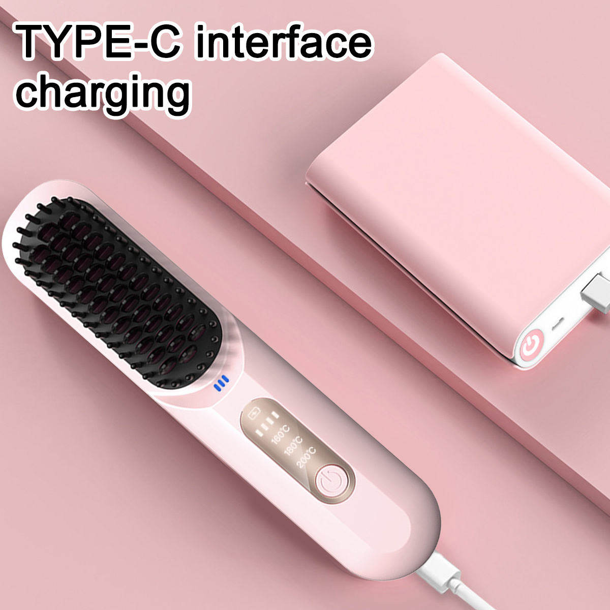 Rosa Haarglätter und Ladegerät. Auf rosa Oberfläche mit Text 'TYPE-C charging'.