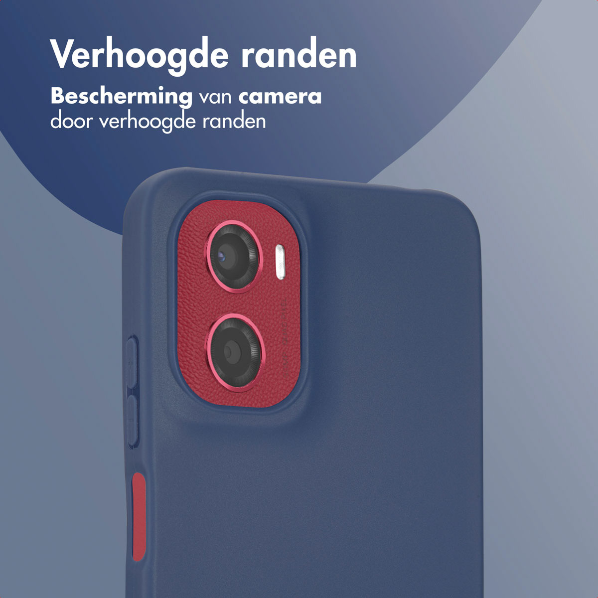 Gros plan sur une coque de téléphone avec contour de caméra rouge. Texte : 'Verhoogde randen'.