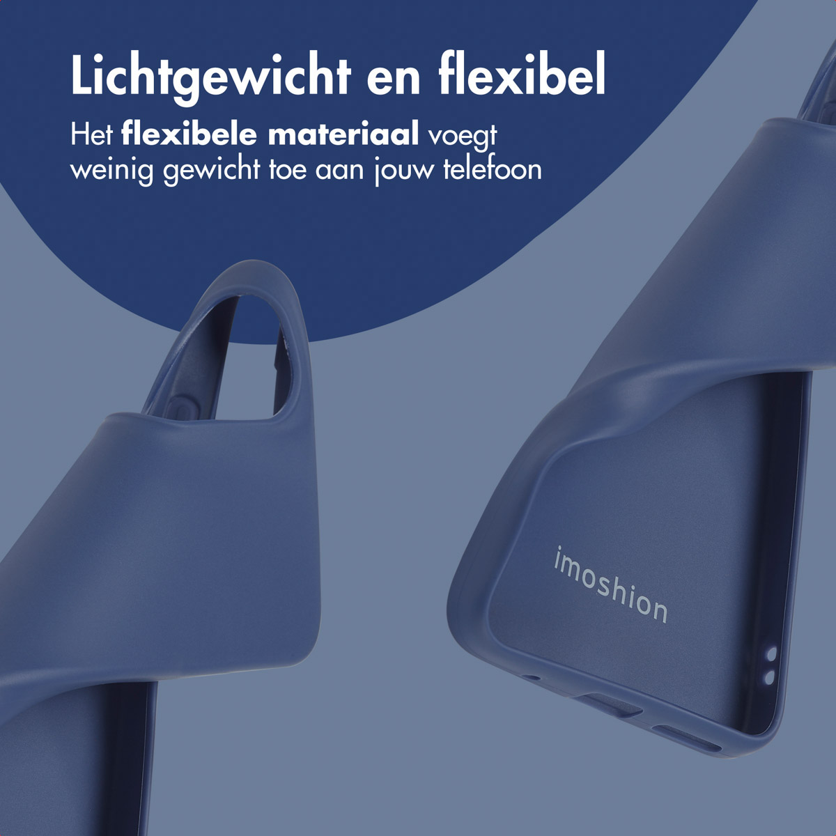 Deux coques de téléphone bleu marine, une ouverte, devant un fond bleu avec du texte.