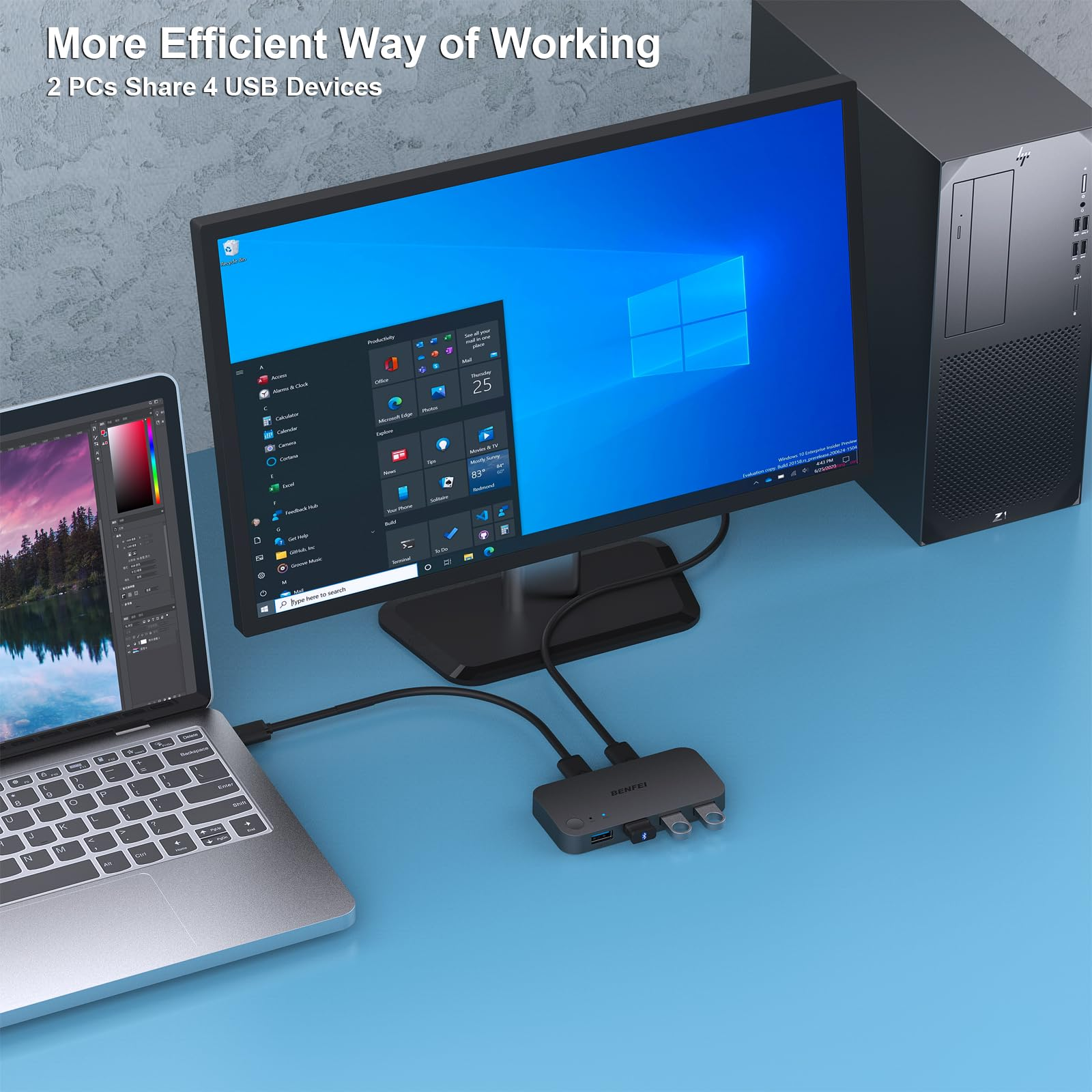 Ein Laptop- und Monitor-Setup. Ein USB-Hub verbindet sie. Blauer Hintergrund und Desktop.