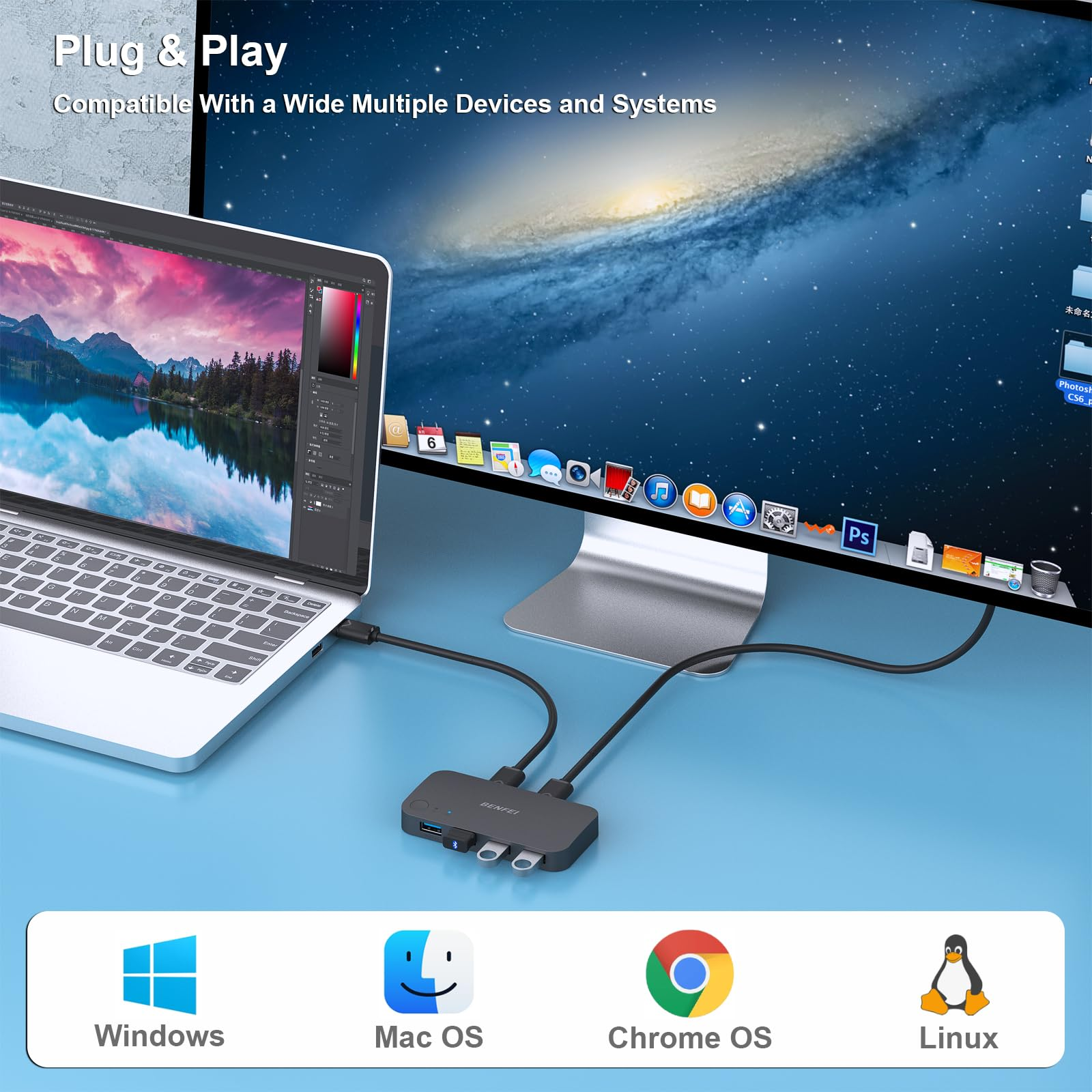 Ein Laptop und ein Monitor auf einem Schreibtisch, verbunden mit einem USB-Hub, mit OS-Symbolen unten.