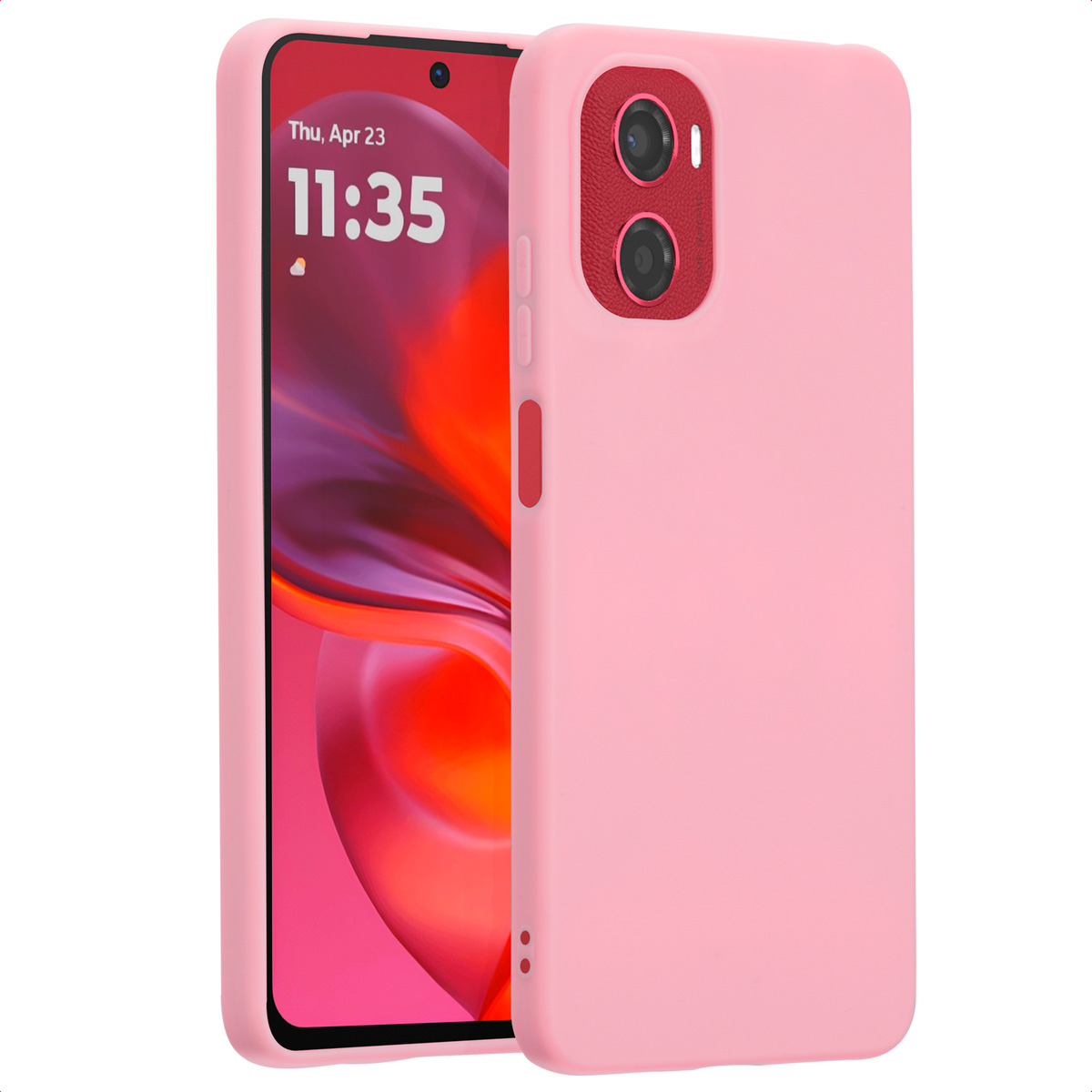 Roze telefoonhoesje op telefoon, met rode camera.