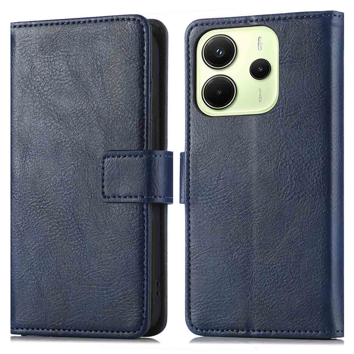 Blauw telefoonhoesje met telefoon erin, open en dicht.