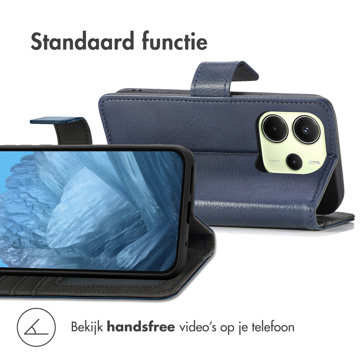Telefoon in blauwe lederen hoes; handsfree video.