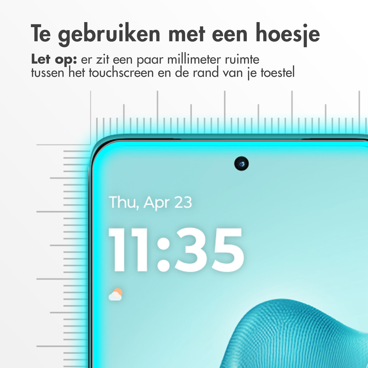 Écran de tablette, affichant l'heure et la date, avec une échelle de règle et un cadre bleu.