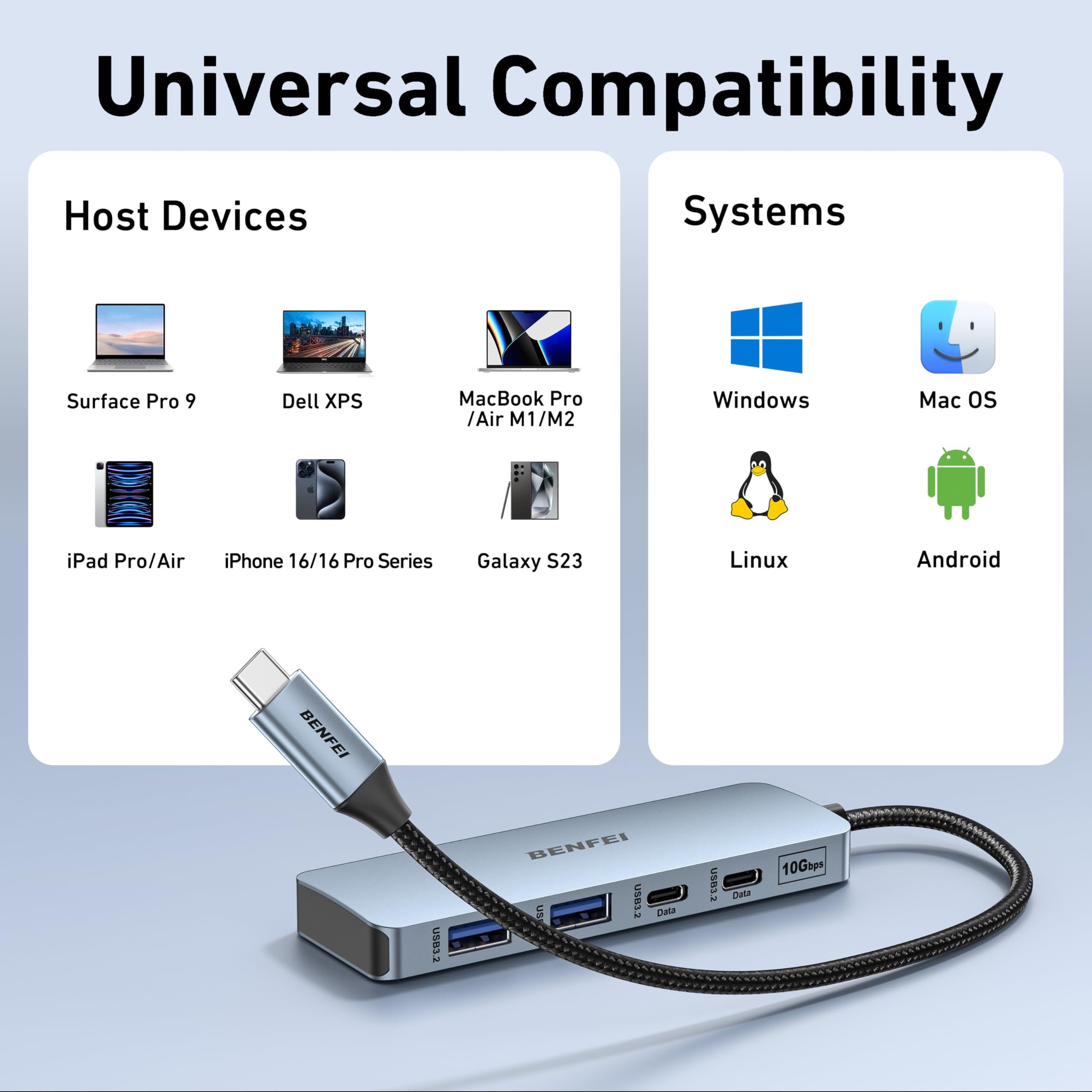 USB-Hub mit mehreren Anschlüssen und angeschlossenem Kabel. Kompatibel mit Laptops und OS.