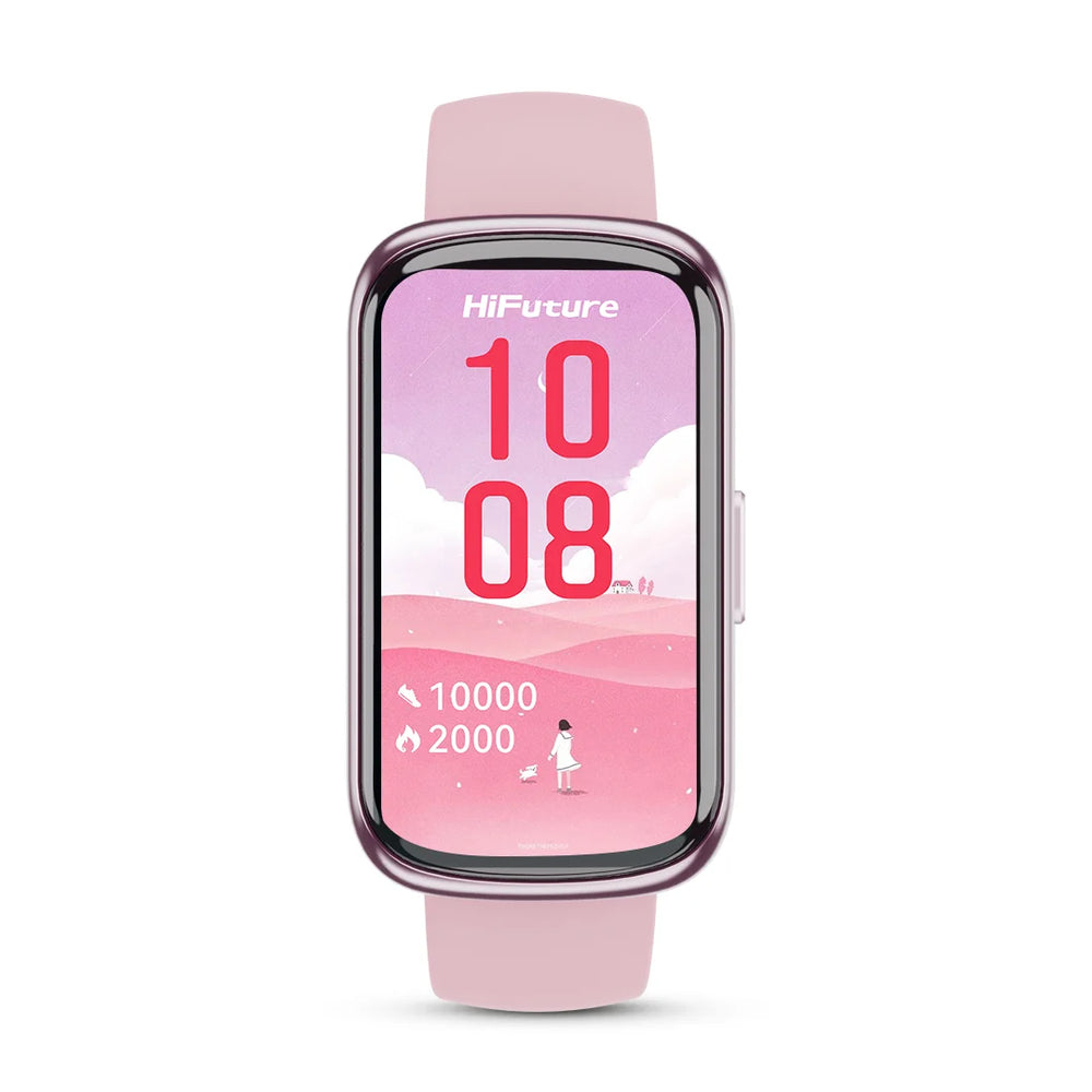 Smartwatch rosa che mostra ora e dati fitness, con cinturino rosa. Mostra una donna e un cane.