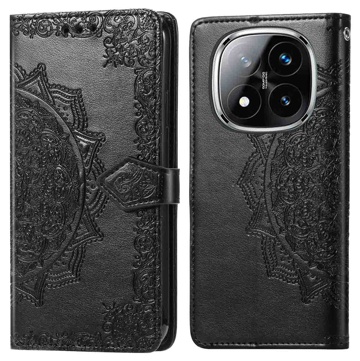 Zwarte telefoonhoes, met een mandala-ontwerp, met een telefoon erin. Leertextuur. Witte achtergrond.