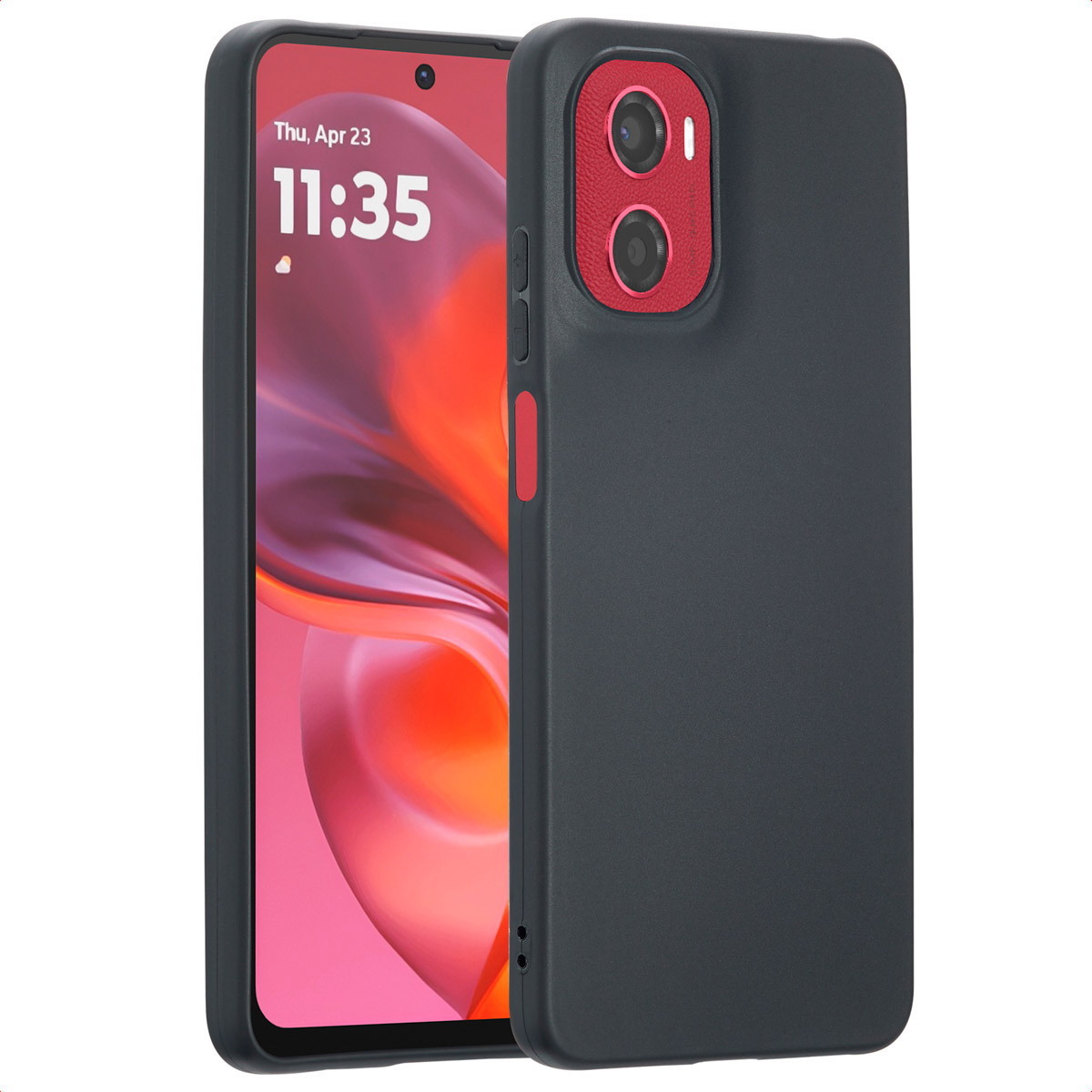 Coque de téléphone noire avec contour de caméra rouge, tenant un téléphone. Téléphone affiche la date et l'heure. Fond blanc.