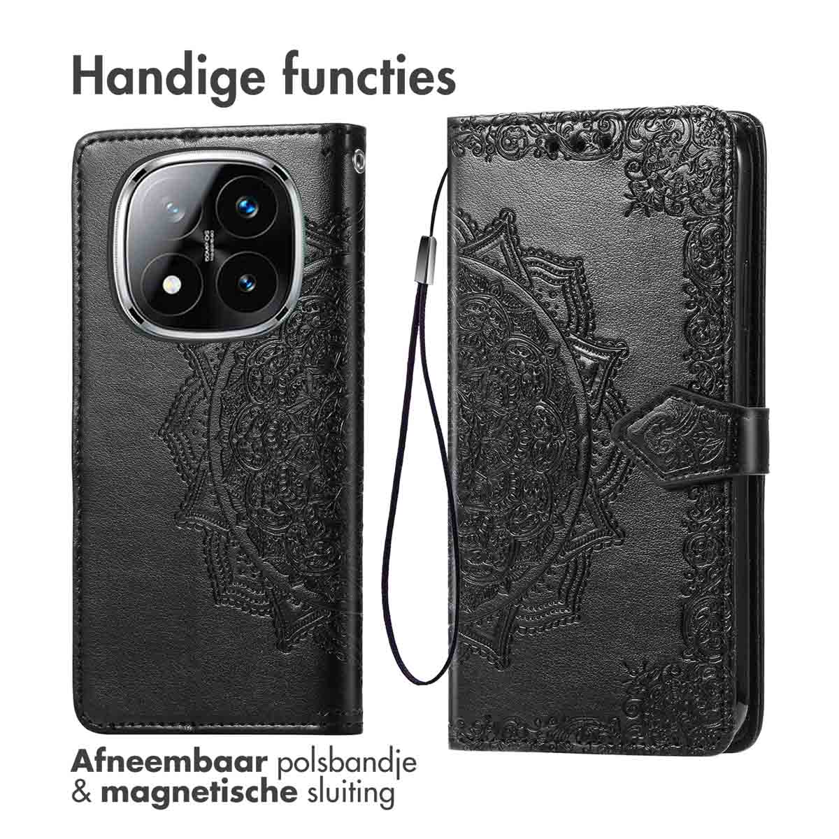 Een zwarte telefoonhoes met een mandala-ontwerp, die de telefoon laat zien. De andere kant is ook zichtbaar.