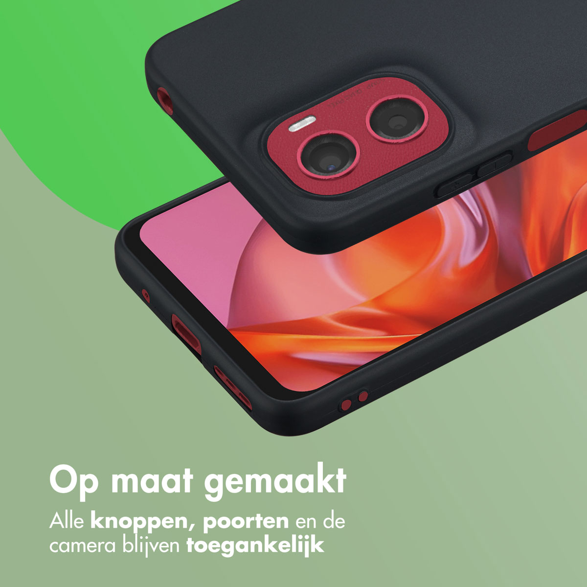 Une coque de téléphone noire avec une zone de caméra rouge sur fond vert. Le téléphone est dedans.