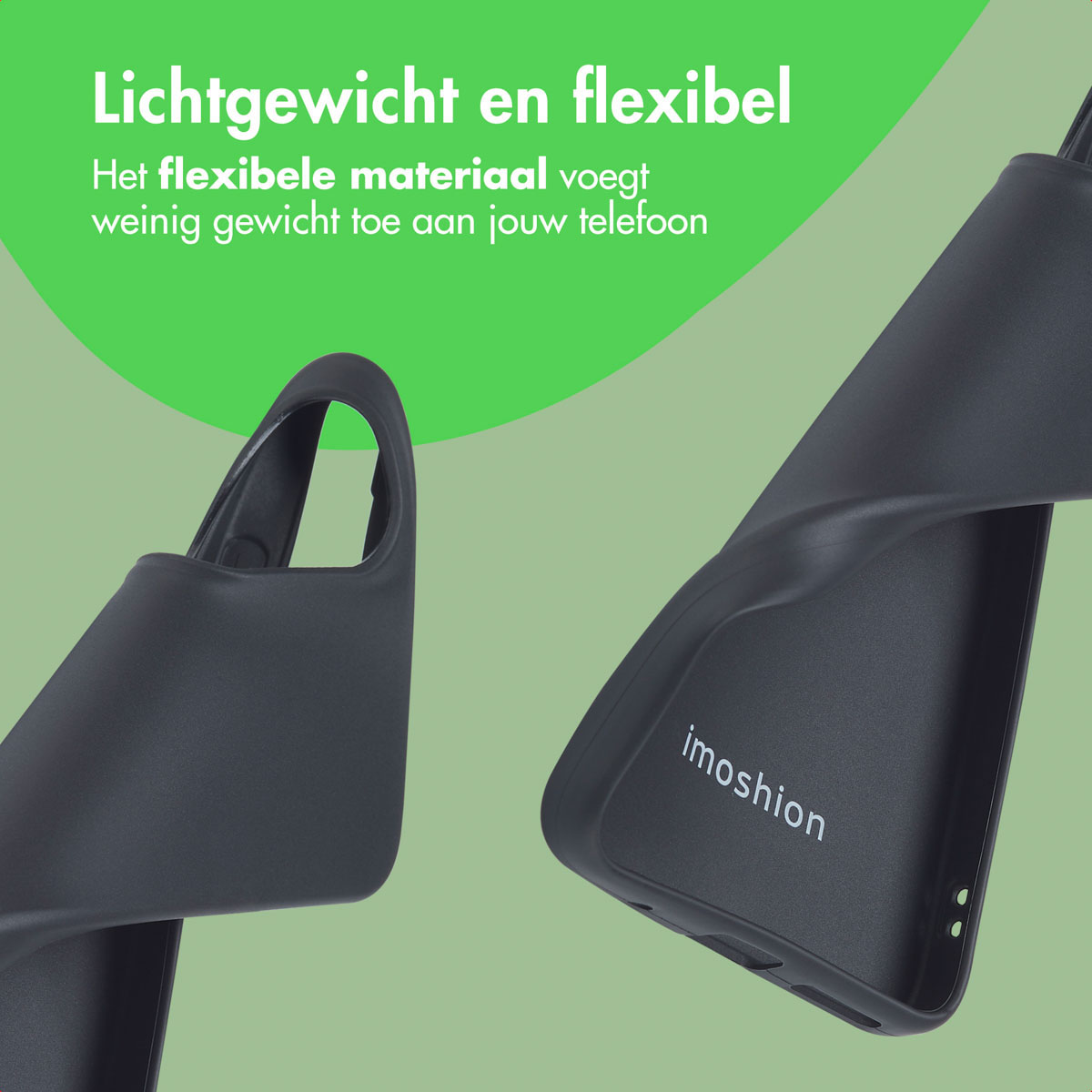 Gros plan sur une coque de téléphone noire, avec le texte 'imoshion' et fond vert avec texte blanc.