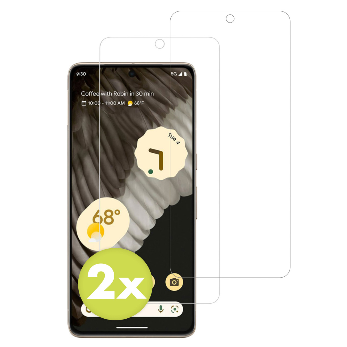 Schermo del telefono con due protezioni schermo e app, mostrando ora, data e meteo.
