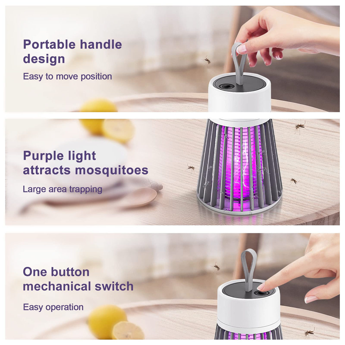 Eine weiß-graue Mückenfalle mit violettem Licht, Hand hält ihren Griff. Zitronen auf Holzoberfläche.