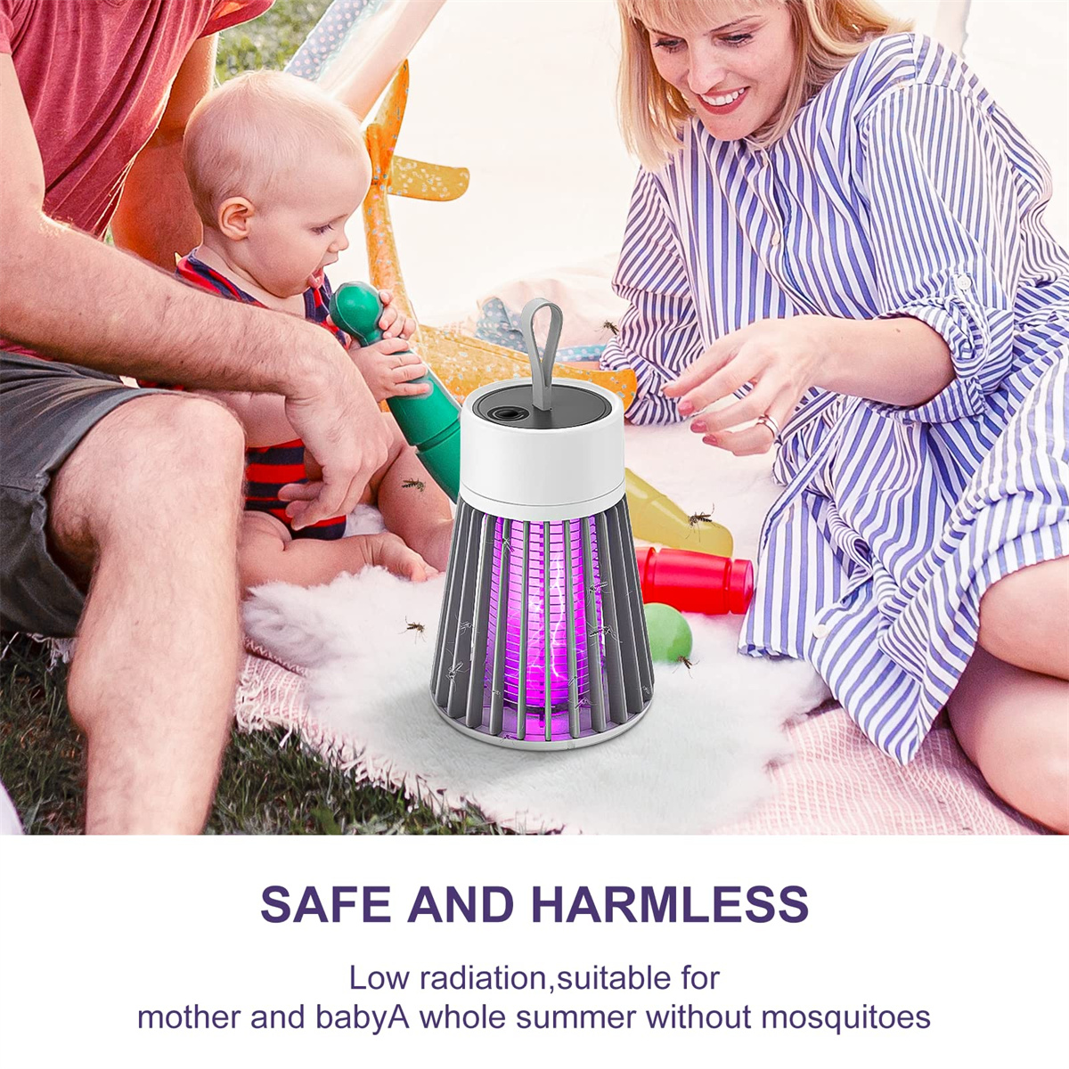 Eine Familie mit Baby und Insektenvernichter, mit dem Text 'Safe and Harmless'.