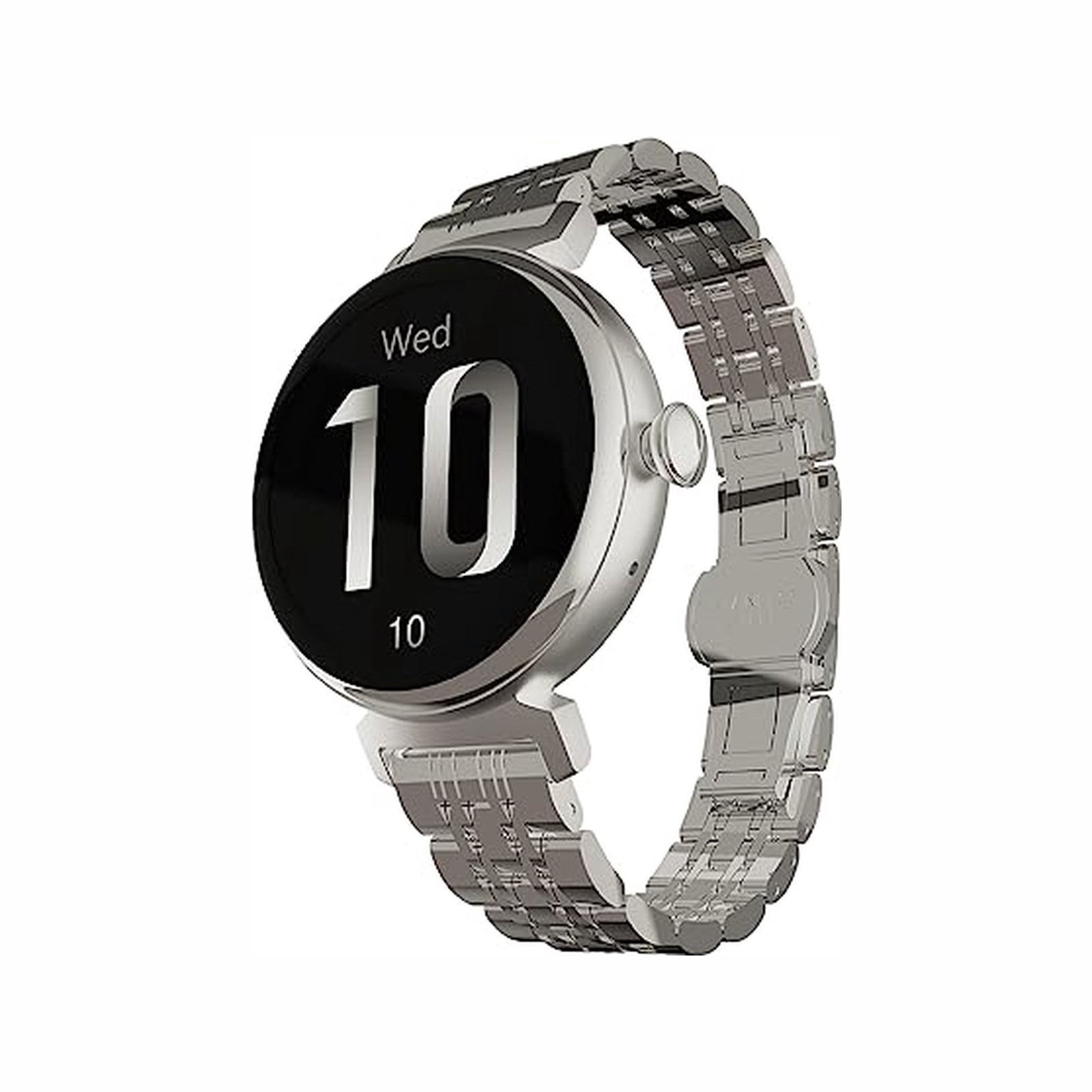 Montre connectée argentée avec écran noir affichant "Wed 10". Le bracelet est également argenté.