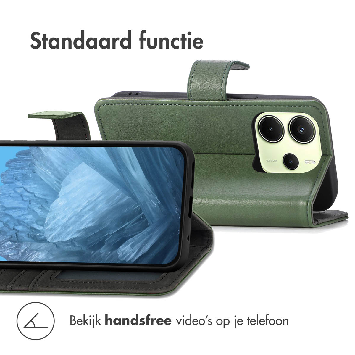 Groene telefoonhoes, open, ondersteunt een telefoon met een abstracte blauwe afbeelding.
