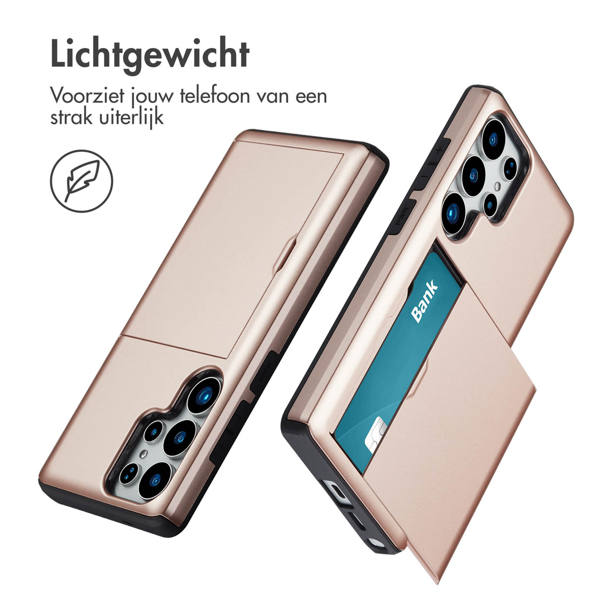 Rosé gouden telefoonhoesje met kaartsleuf, open, met een kaart met "Bank" erop.
