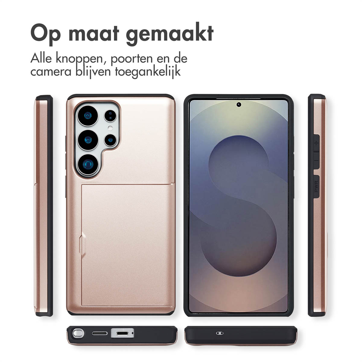 Telefoonhoesje, goudkleurig, met telefoon erin, verschillende hoeken weergegeven.
