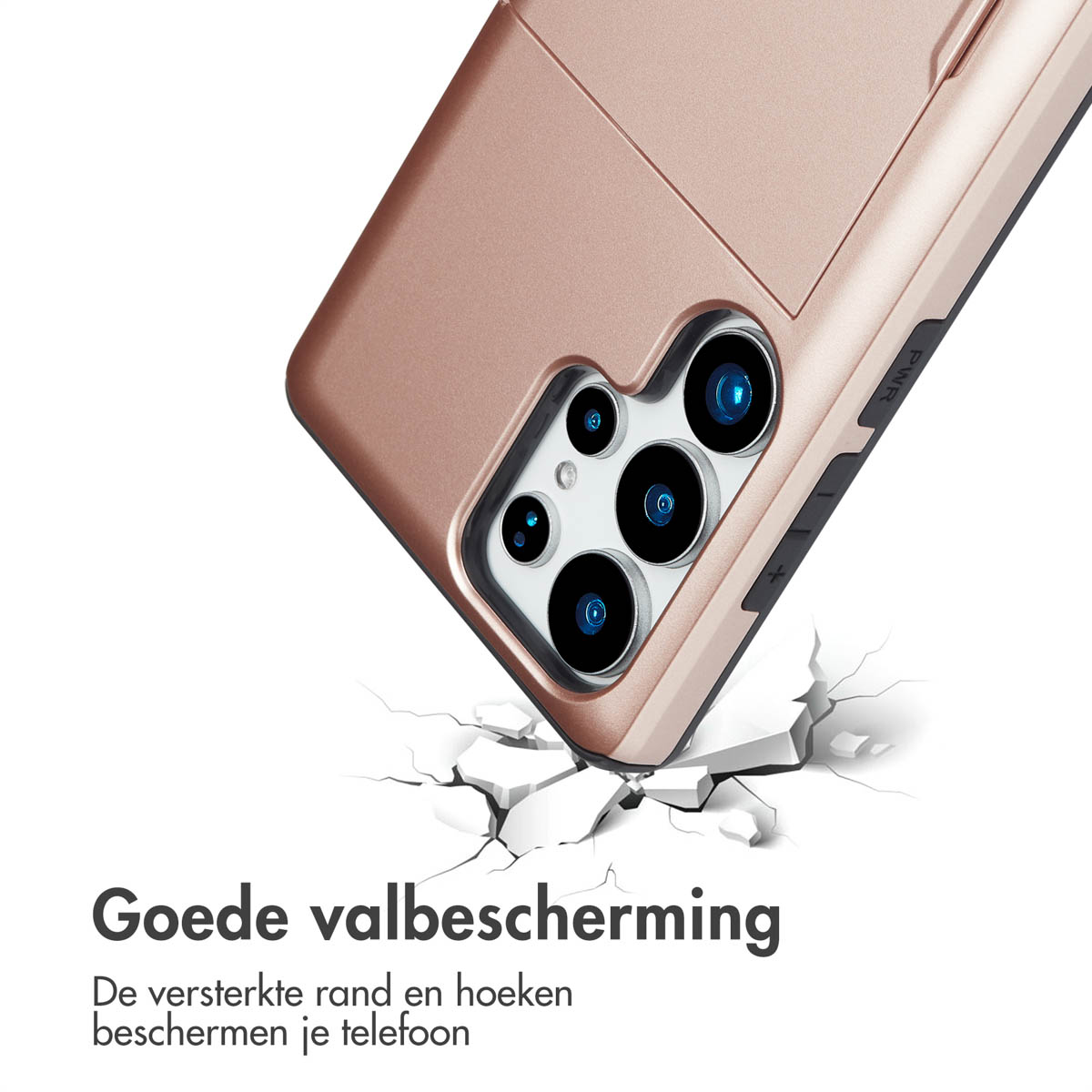 Roze gouden telefoonhoesje, barstende grond. Toont versterkte randen en hoeken voor goede valbescherming.