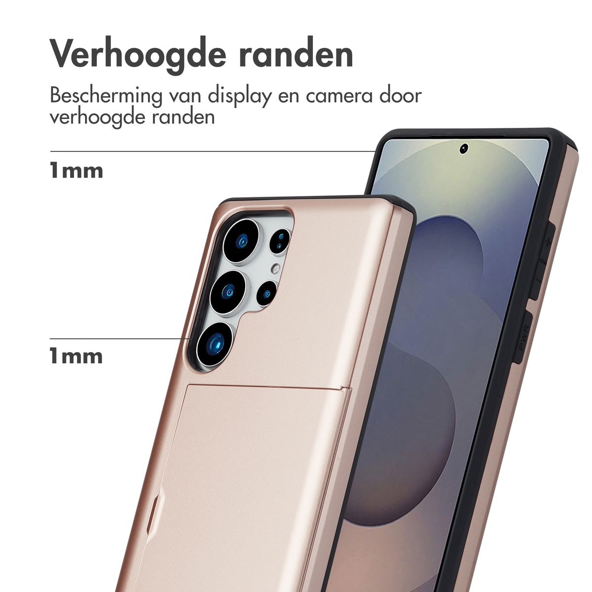 Roze gouden telefoonhoesje op wit. De telefoon zit erin. Tekst benadrukt verhoogde randen.