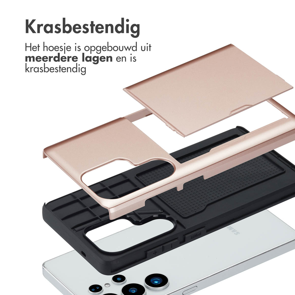 Exploded view van roze gouden telefoonhoesje met meerdere lagen. Krasbestendig, zwart en zilver.