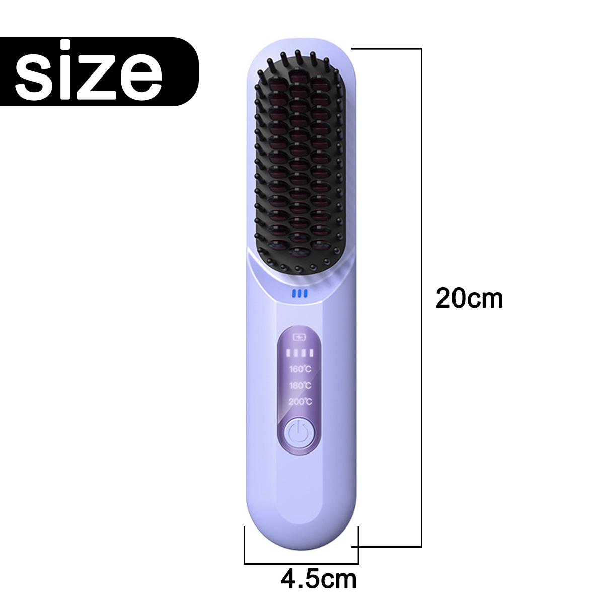 Lila Haarglättungsbürste mit Abmessungen: 20 cm Länge, 4,5 cm Breite.