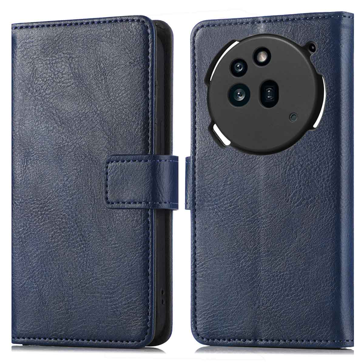 Coque de téléphone en cuir bleu marine, fermée à gauche, ouverte à droite, montrant les caméras.