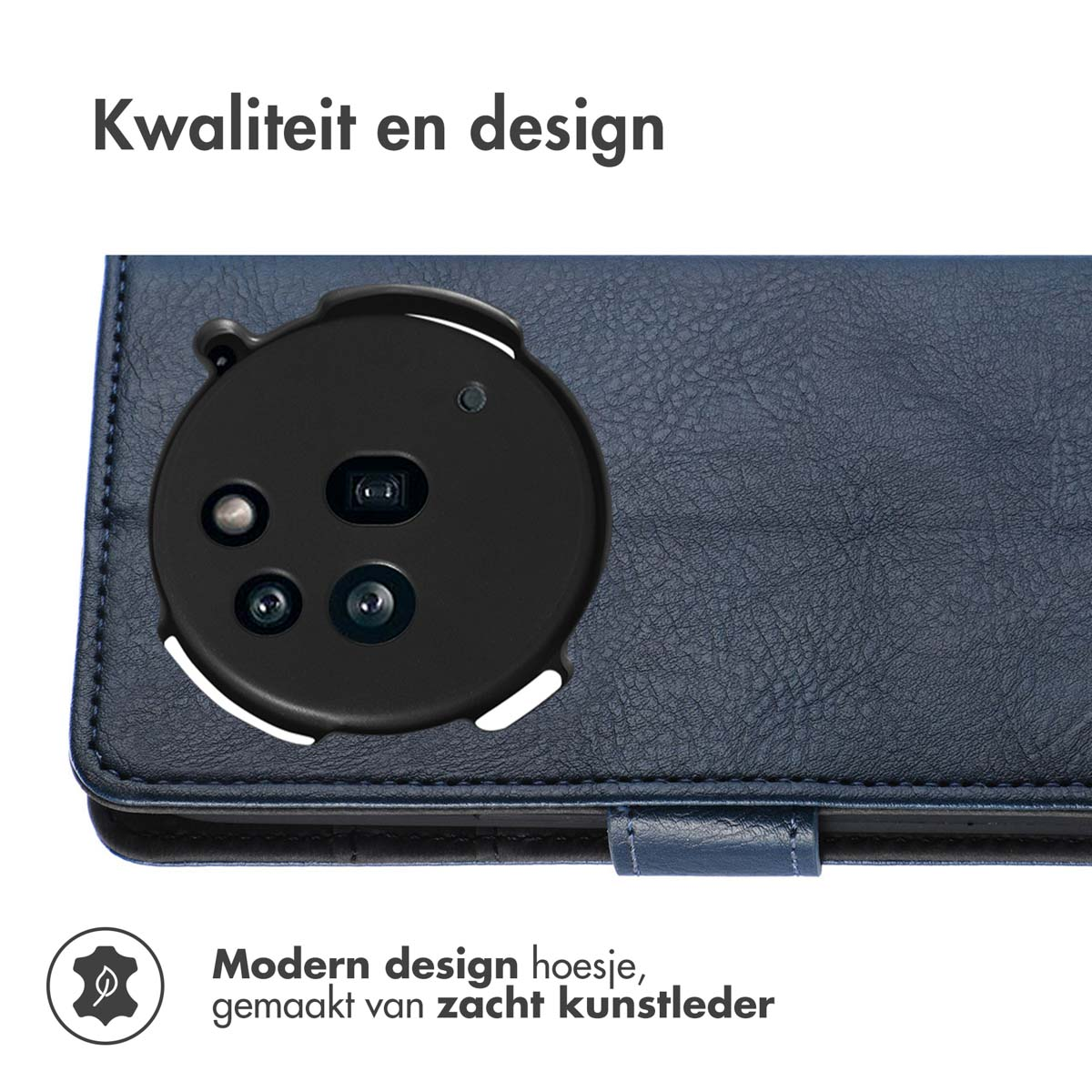 Coque de téléphone bleu foncé avec un design moderne et du similicuir souple. La caméra du téléphone est visible.