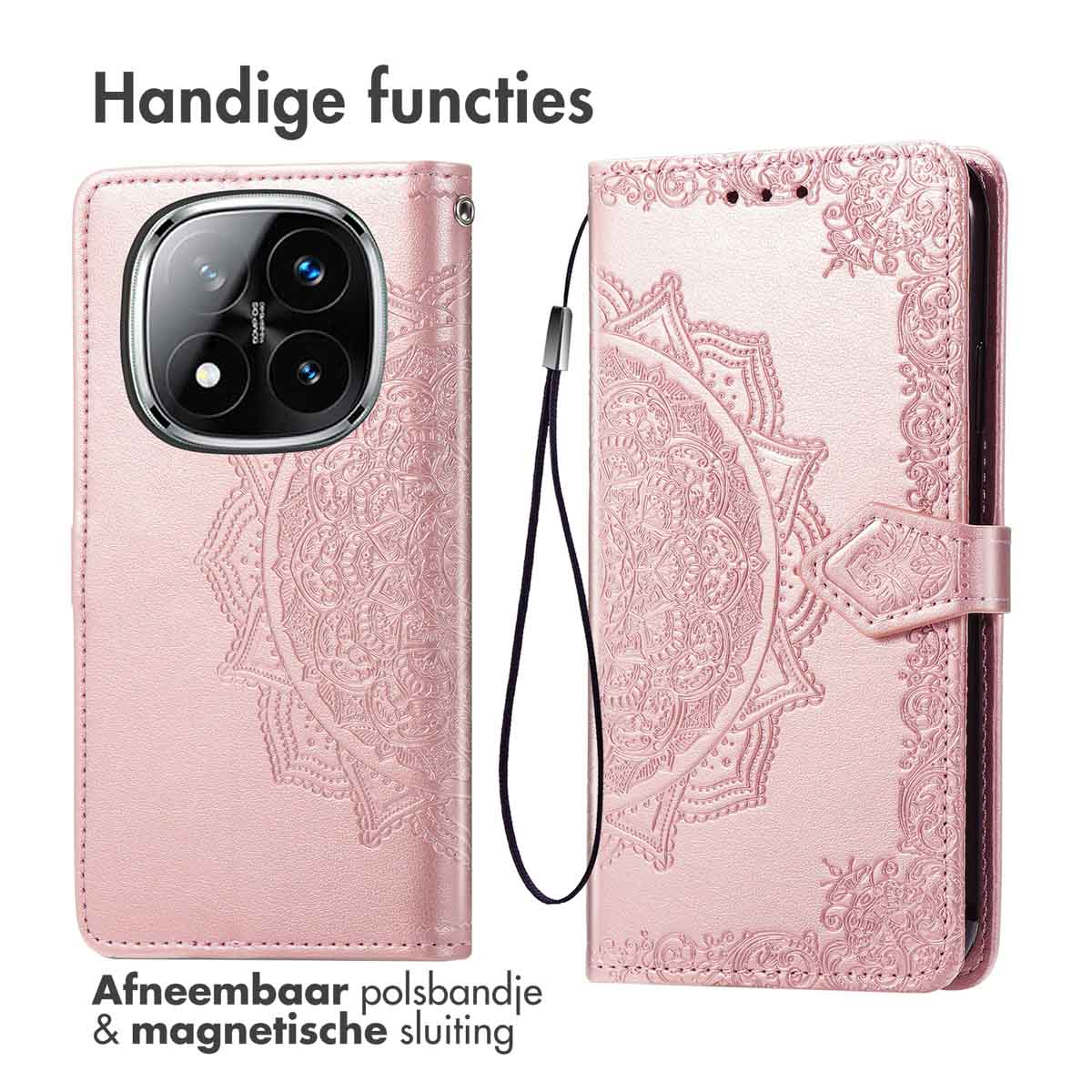 Roze telefoonhoes met mandala-ontwerp, open, met polsbandje en magnetische sluiting.