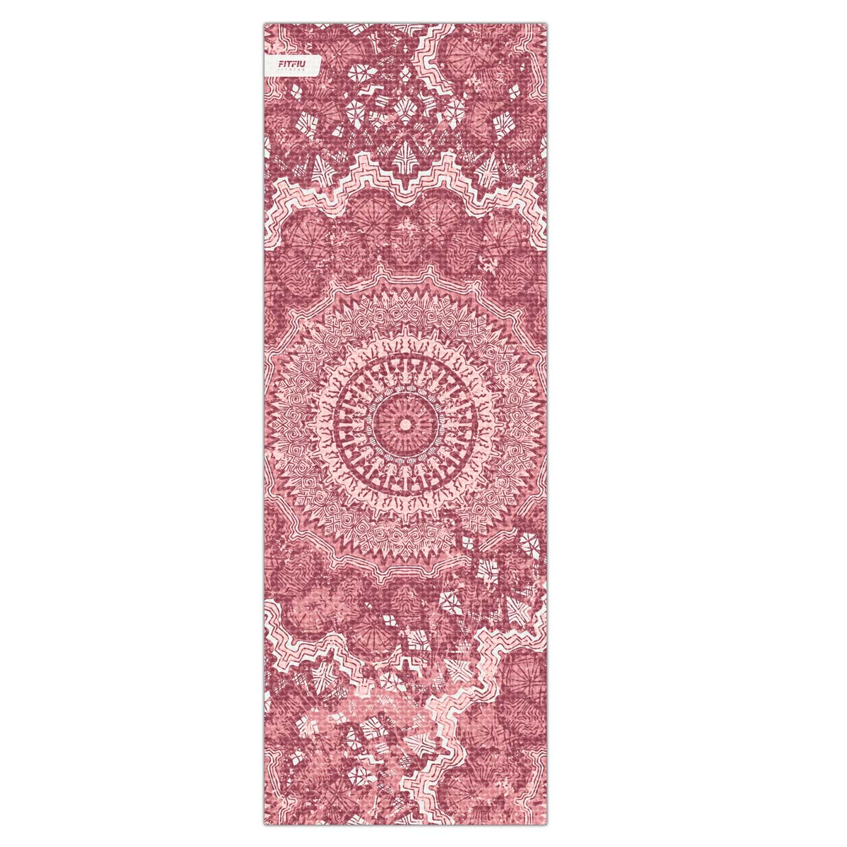 Esterilla de yoga con un diseño de mandala rosa y blanco. La esterilla está sobre un fondo blanco.