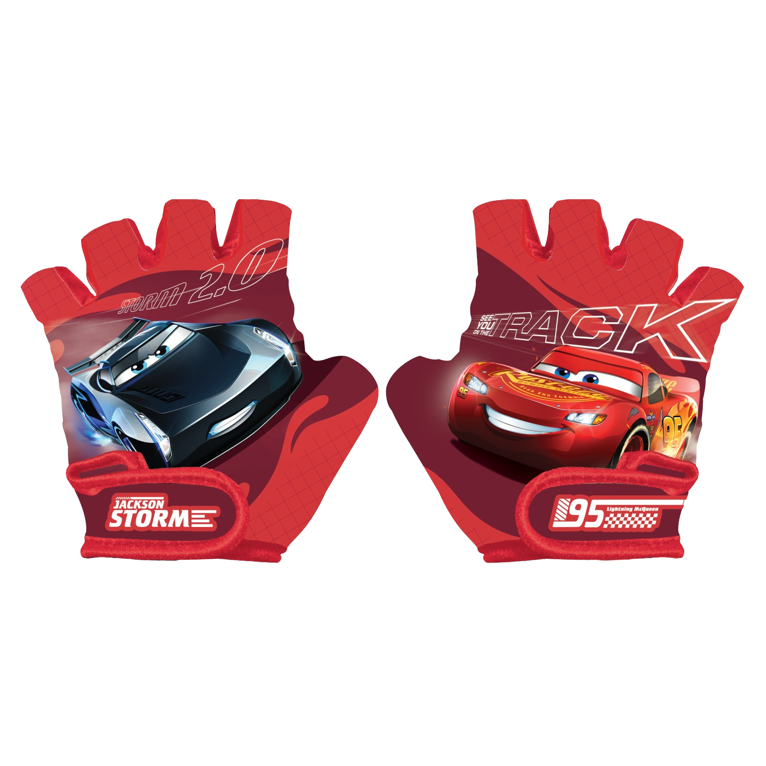 Rote fingerlose Handschuhe mit Lightning McQueen und Jackson Storm Design. Der Hintergrund ist schwarz.