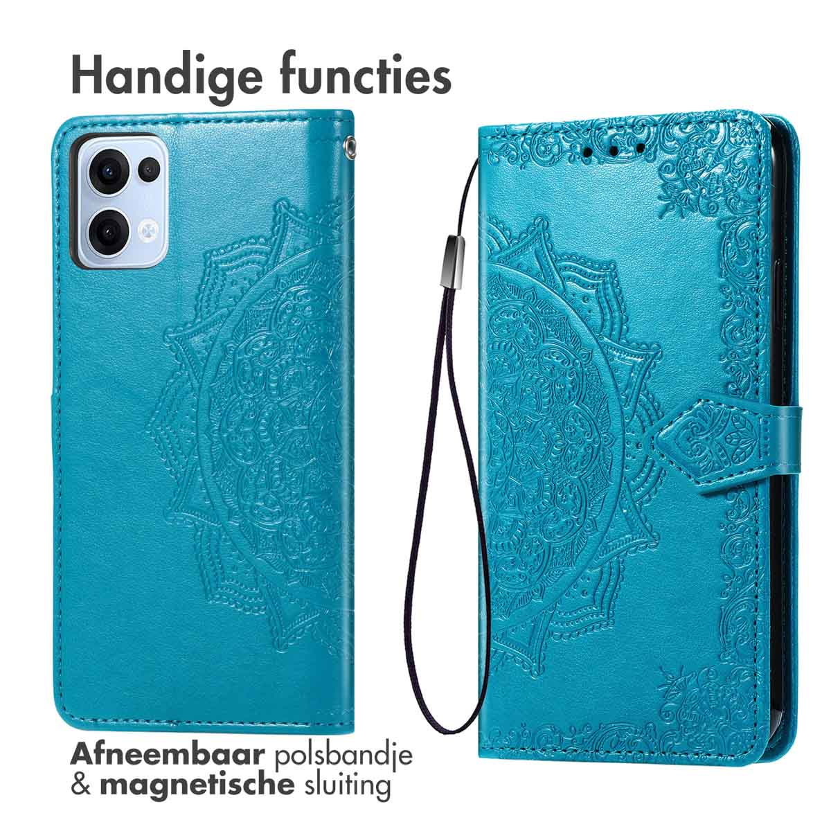 Custodia per telefono turchese con design mandala, cinturino da polso rimovibile e chiusura magnetica.