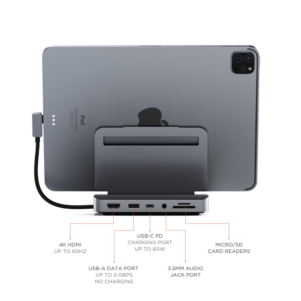 Ein graues Tablet mit angeschlossenem Hub, der Anschlüsse zeigt. Der Hintergrund ist weiß.