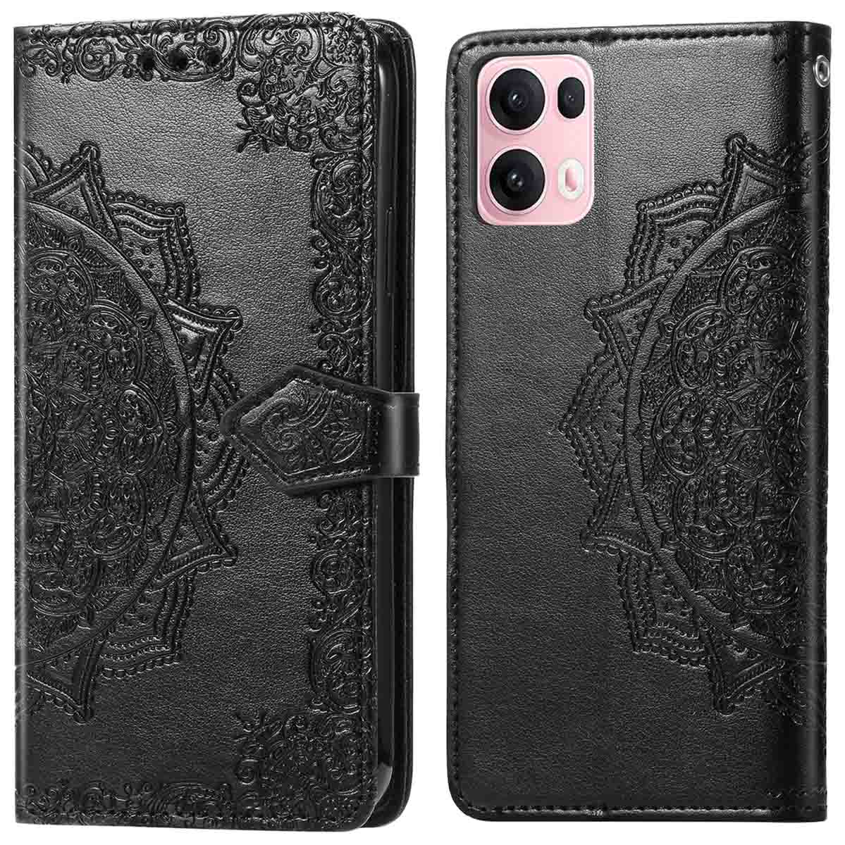 Zwarte telefoonhoes met bloemenpatroon, gesloten. De camera van de telefoon is zichtbaar.