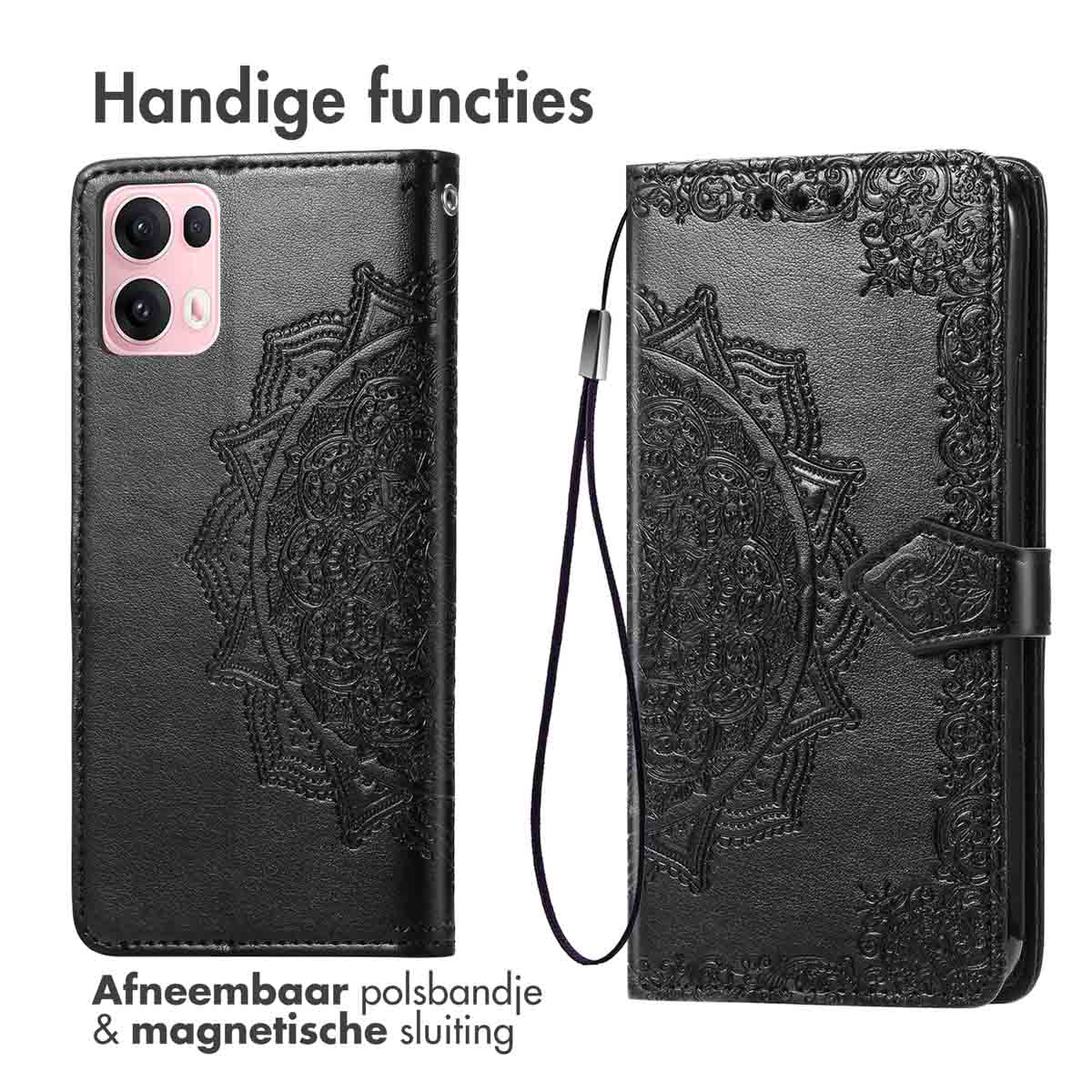 Zwarte telefoonhoes met een mandala ontwerp en een bandje. De achtergrond is wit.