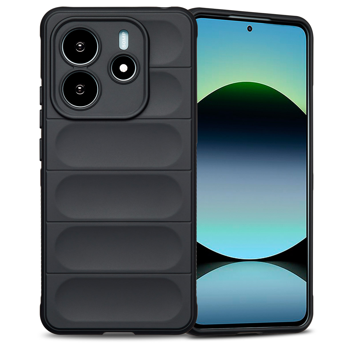 Zwarte telefoonhoes met drie camera-uitsparingen en horizontale ribbels, en een telefoon.