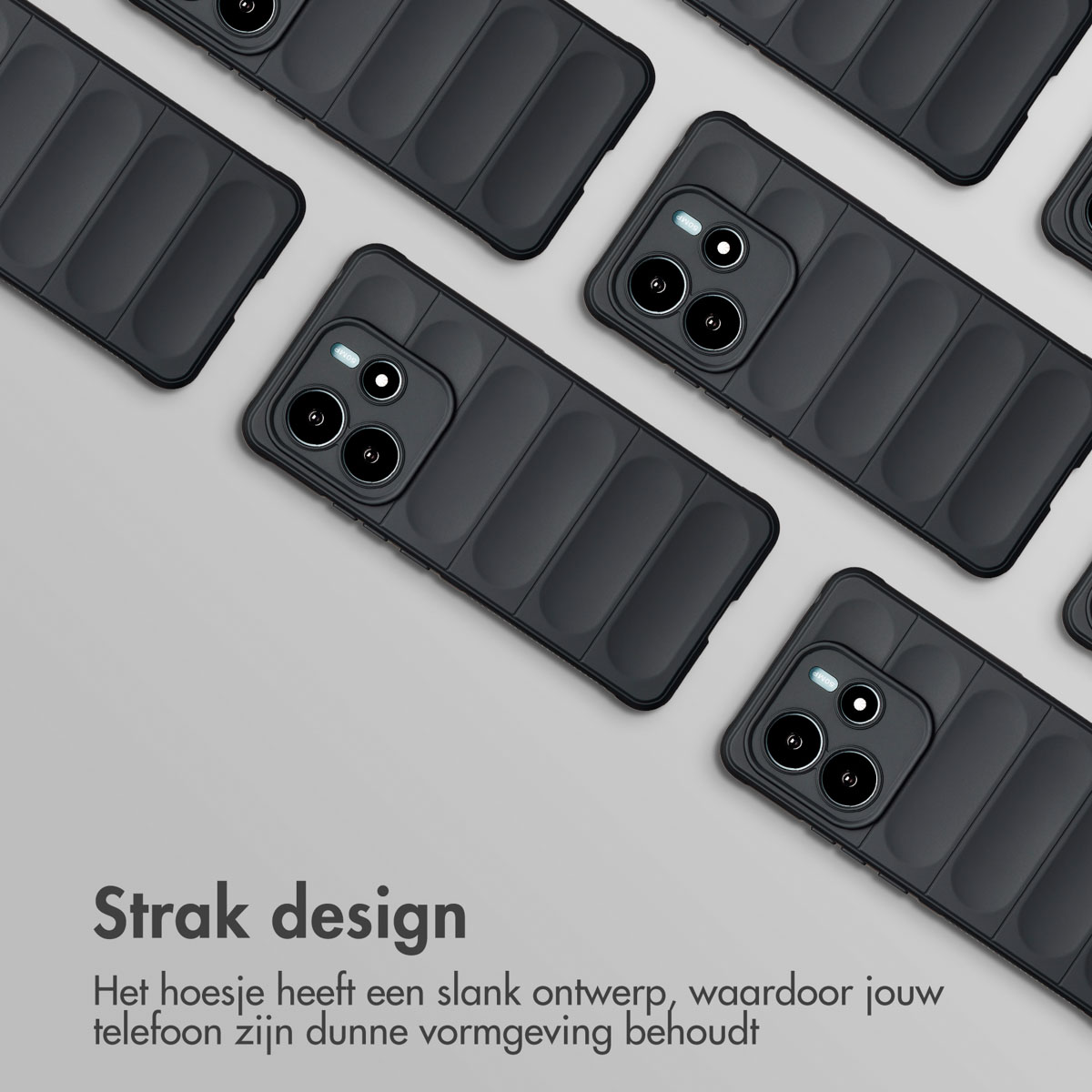 Meerdere zwarte telefoonhoesjes op een grijze achtergrond, met een strak design.