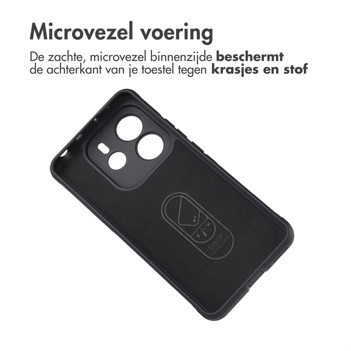 Binnenkant van een zwarte telefoonhoes met een valbeschermingslogo.