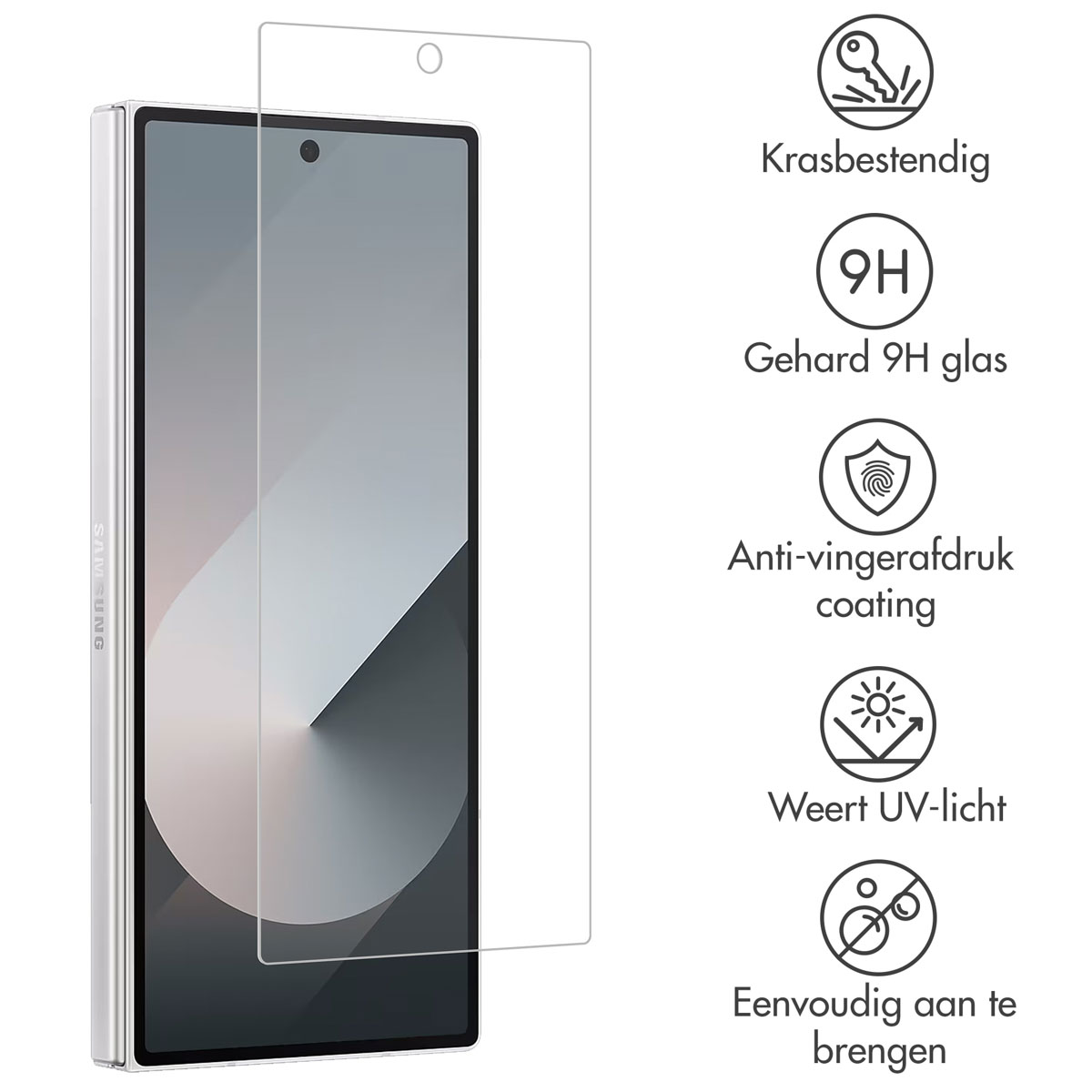 Un téléphone avec un protecteur d'écran, avec des icônes indiquant la résistance aux rayures, etc.