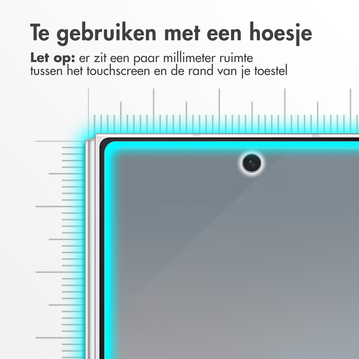 Un écran de téléphone avec une règle pour montrer l'espace entre l'écran et les bords.