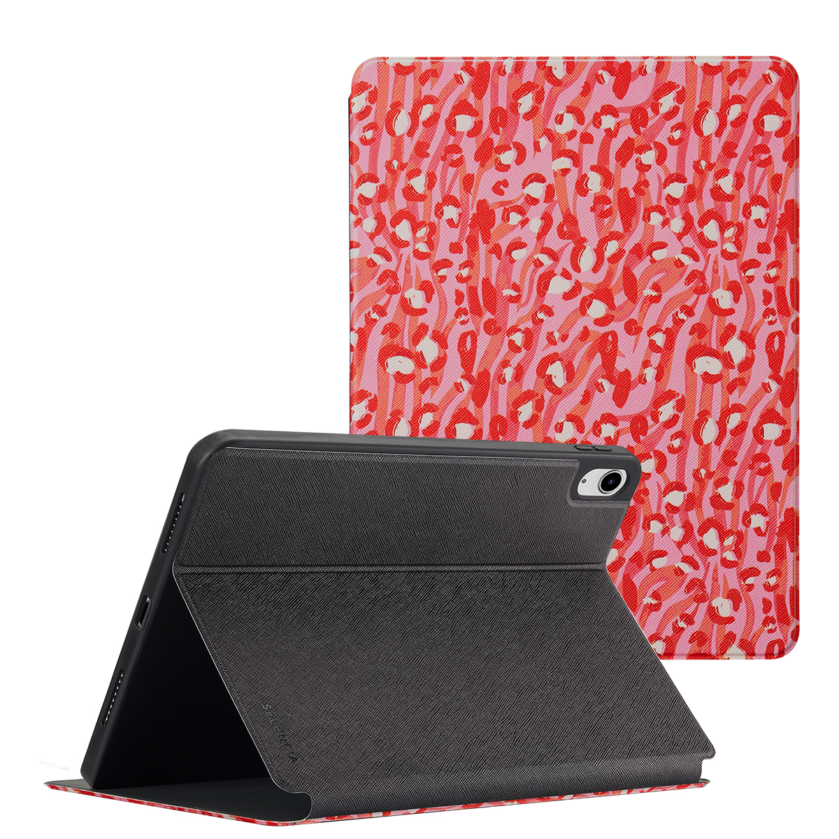 Tablet case with a red and pink leopard print. Case is open and closed, against a white backdrop.