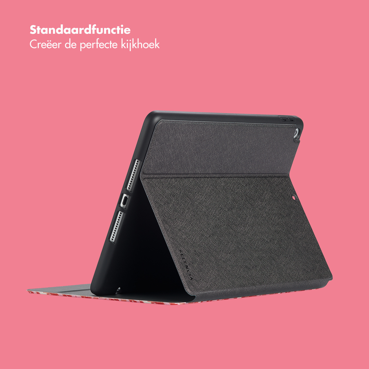 Tablet case open, grey cover, red floral inside, on pink background.