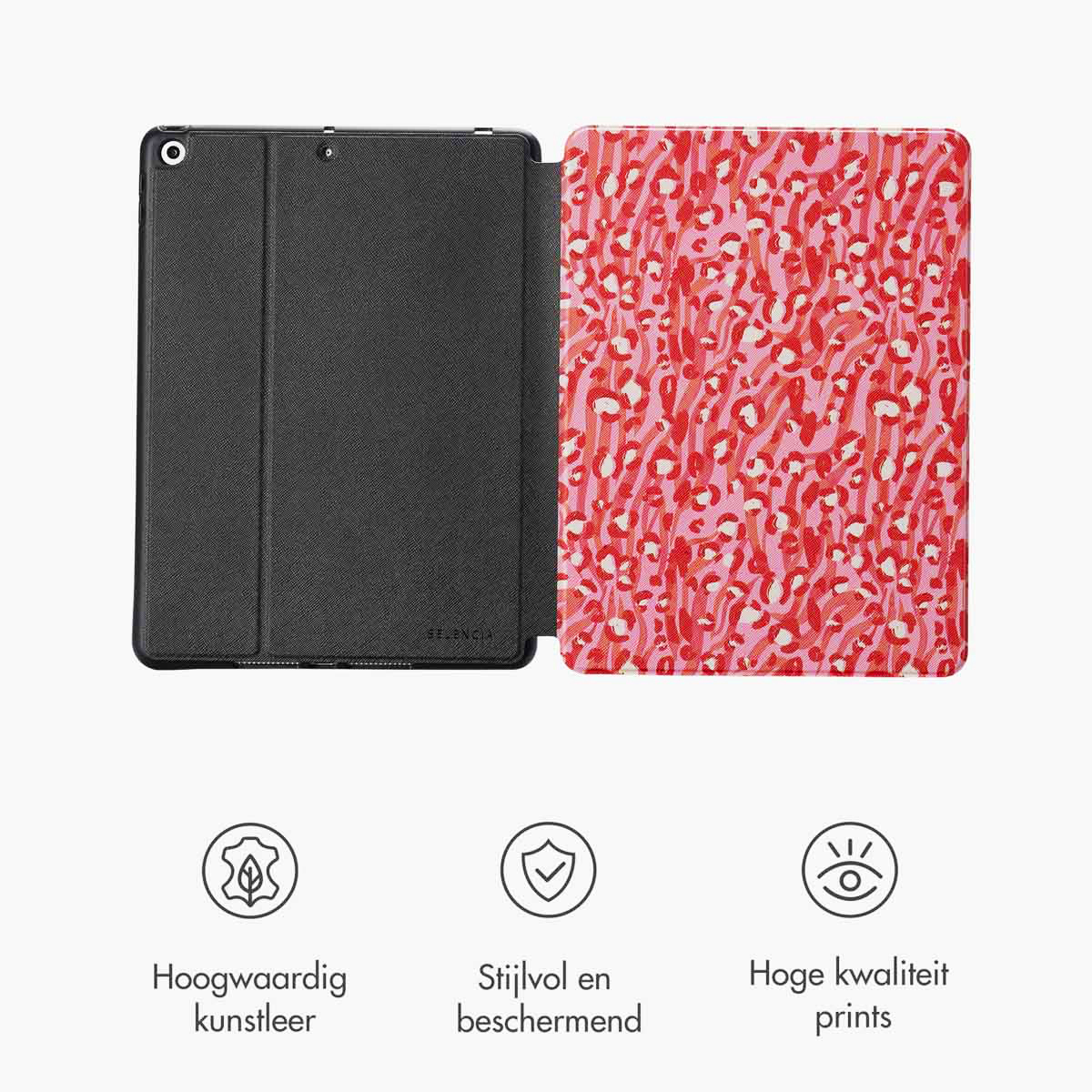 Tablet case with open and closed views, red leopard print interior, black exterior, white background.