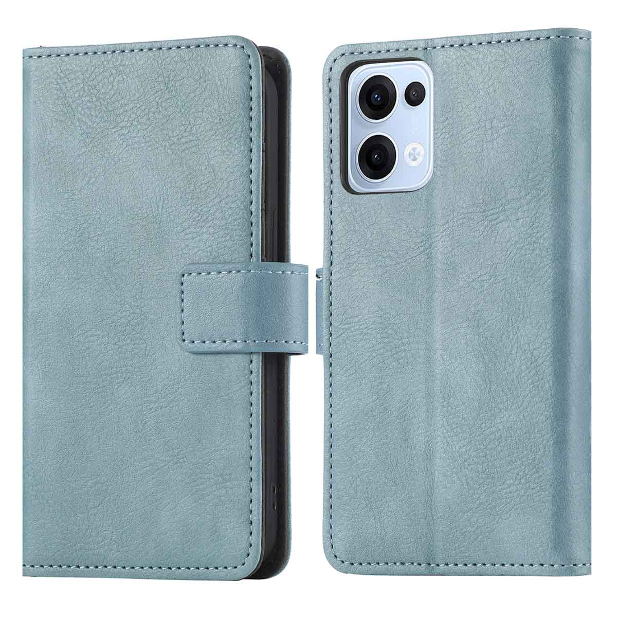 Un étui de téléphone bleu ouvert. Le fond est blanc.
